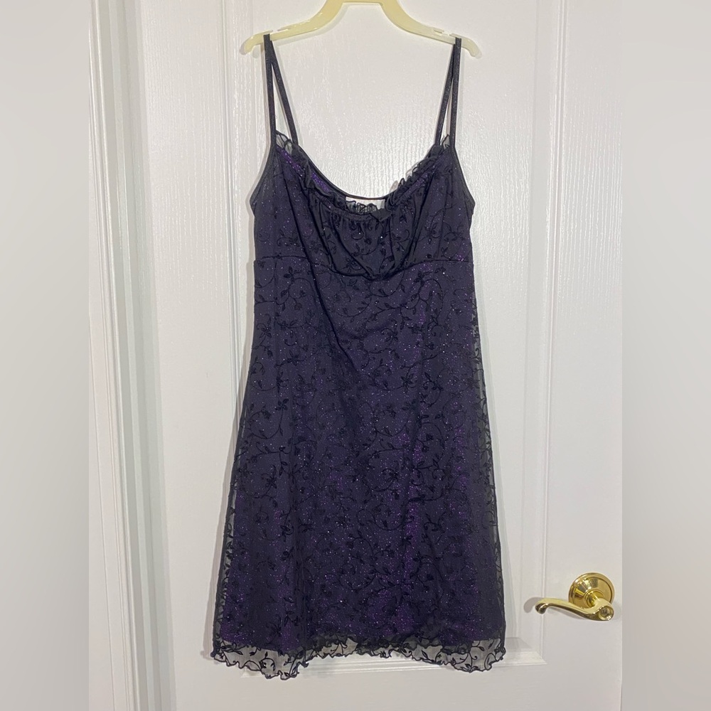 Y2K Byer Too! Metallic Lace Ruffle Babydoll Dress USA MADE Vintage Purple JR M